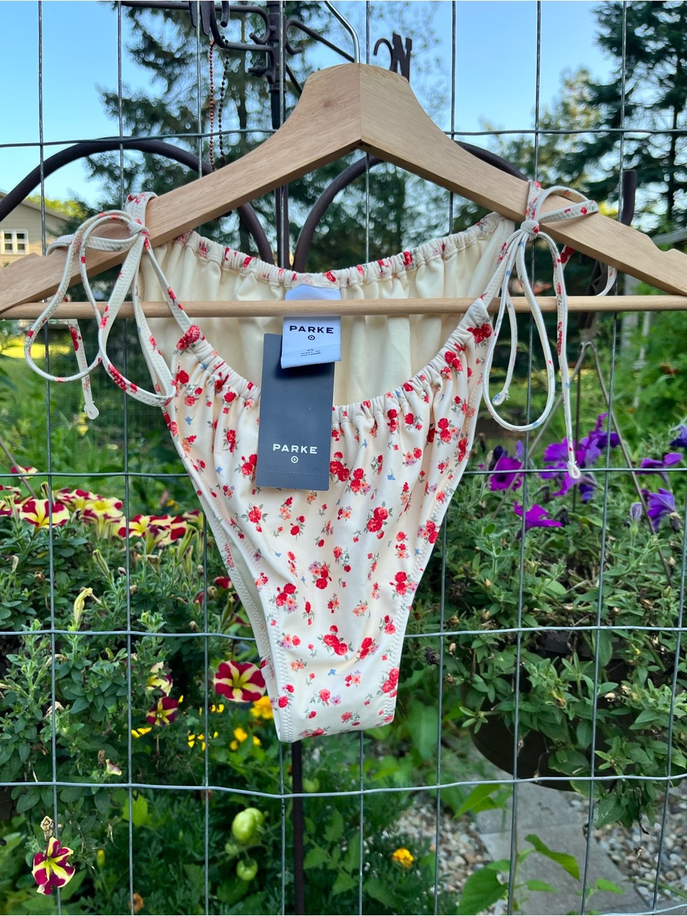Parke Cream Floral Bikini bottom with Red and Green Accents Flowers. NWT XL
